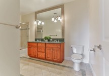 Bathroom with tan mosiaic tile and granite countertop