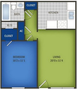Layout of One Bedroom floor plan.