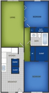 Layout of Small Two Bedroom floor plan.