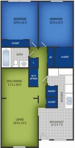 Layout of Large Two Bedroom floor plan.