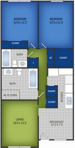 Layout of 2 Bedroom / 2 Bath floor plan.