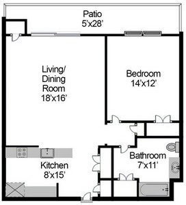 Layout of One Bedroom floor plan.