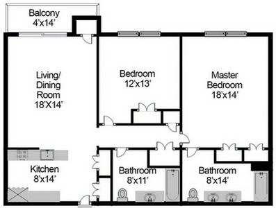 Layout of Two Bedroom floor plan.