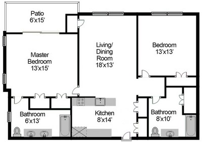 Layout of Two Bedroom Split floor plan.