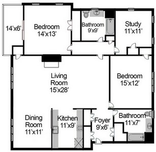 Layout of Two Bedroom with Study floor plan.