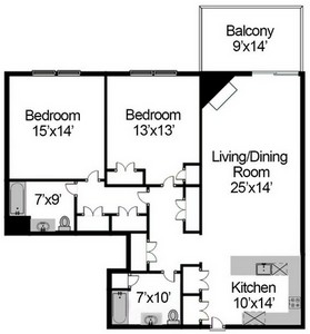 Layout of Two Bedroom Penthouse with Study floor plan.
