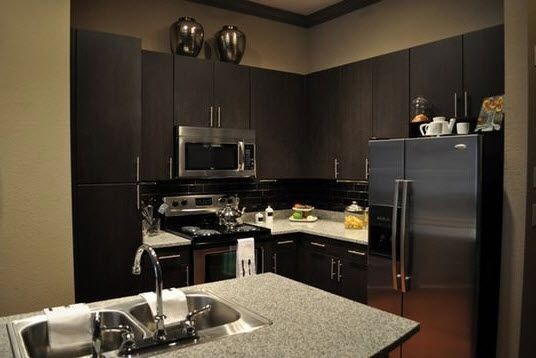 apartment kitchen with espresso cabinetry and stainless appliances